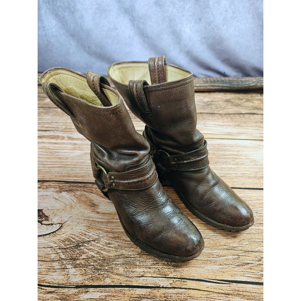 Frye Carmen Brown Leather Moto Harness Heeled Pull On Slouchy Mid Calf Boots 8B